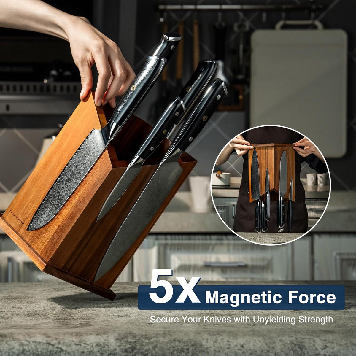 2026 Upgraded Magnetic Knife Holder for Countertop, Double-Sided Acacia Wood Magnetic Knife Block Without Knives, Universal Knife and Utensil Holder for Kitchen, Stronger Magnets of Kitchen Organizer