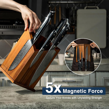2026 Upgraded Magnetic Knife Holder for Countertop, Double-Sided Acacia Wood Magnetic Knife Block Without Knives, Universal Knife and Utensil Holder for Kitchen, Stronger Magnets of Kitchen Organizer