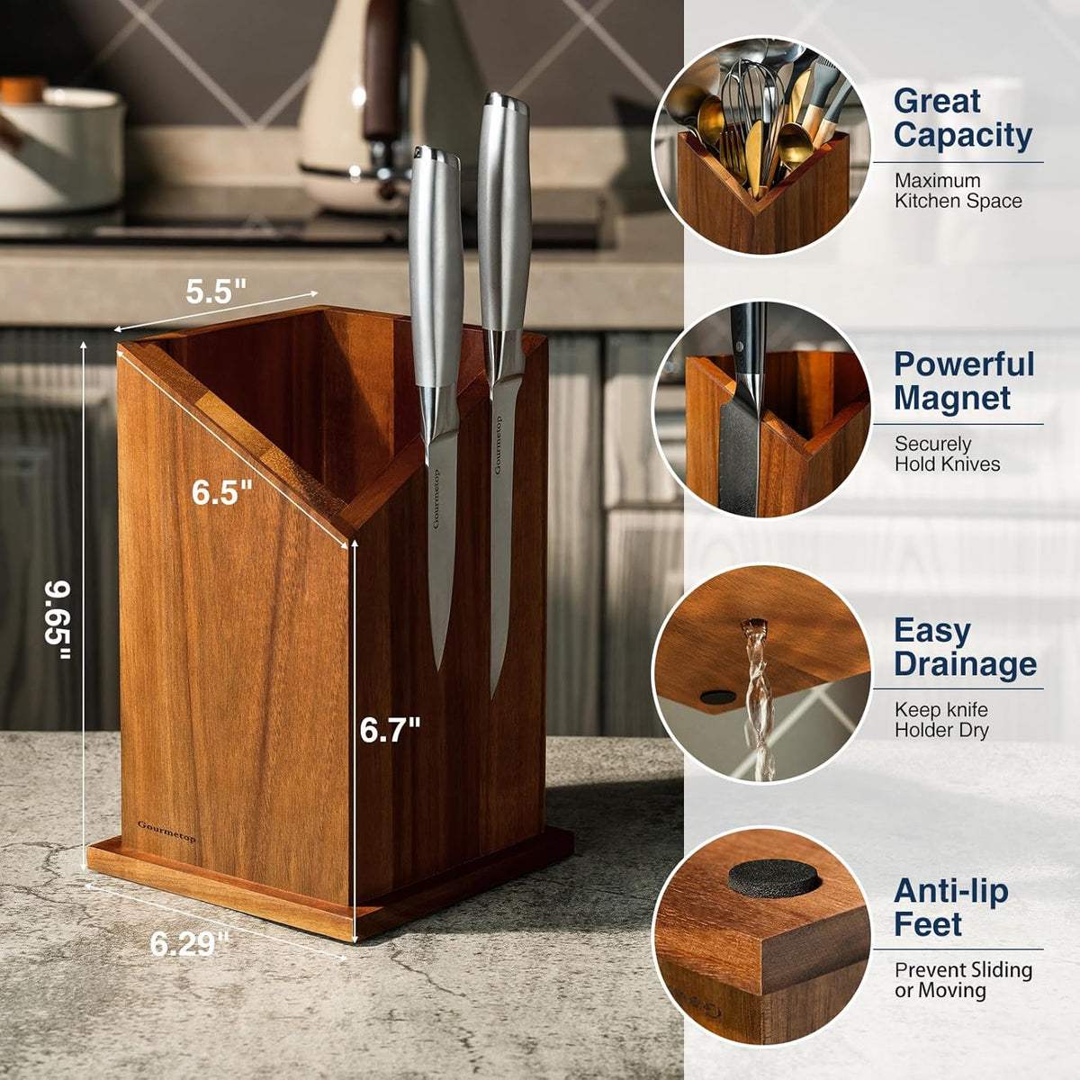 2026 Upgraded Magnetic Knife Holder for Countertop, Double-Sided Acacia Wood Magnetic Knife Block Without Knives, Universal Knife and Utensil Holder for Kitchen, Stronger Magnets of Kitchen Organizer