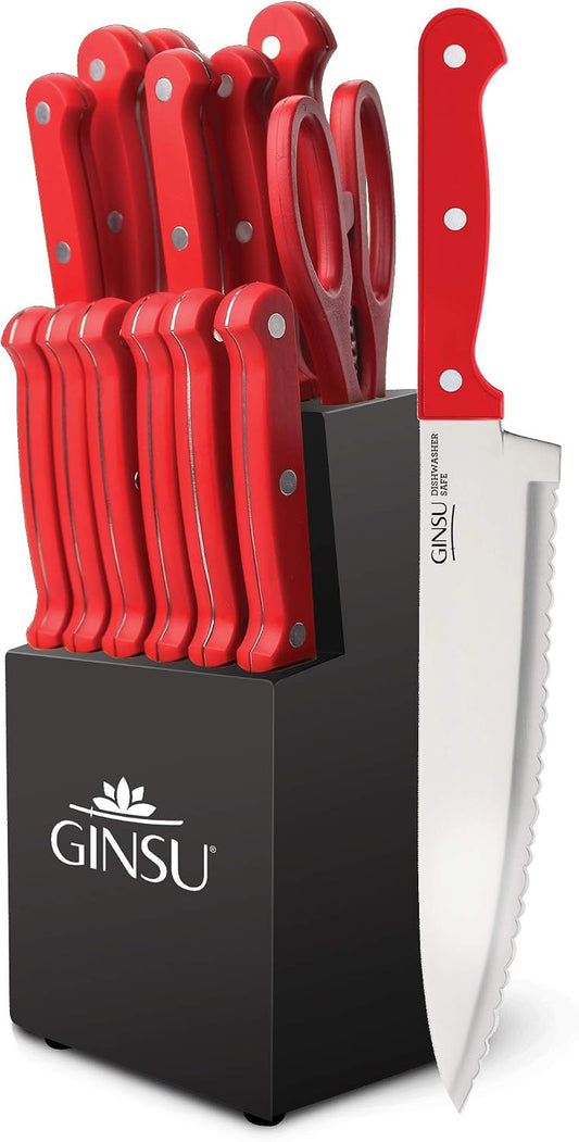 Kiso 14-Piece Red Knife Set with Black Block - Dishwasher Safe and Always Sharp