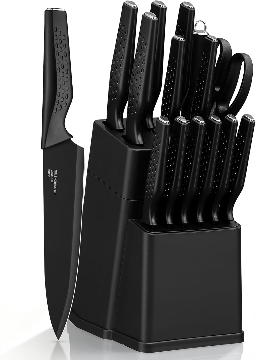 Kitchen Knife Sets with Block, 15 Pieces High Carbon Stainless Steel Knife Set with Sharpener, Sharp Knife Block Set for Kitchen, Black