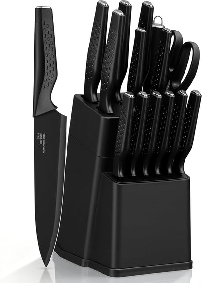 Kitchen Knife Sets with Block, 15 Pieces High Carbon Stainless Steel Knife Set with Sharpener, Sharp Knife Block Set for Kitchen, Black