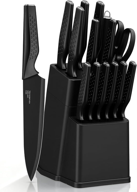 Kitchen Knife Sets with Block, 15 Pieces High Carbon Stainless Steel Knife Set with Sharpener, Sharp Knife Block Set for Kitchen, Black