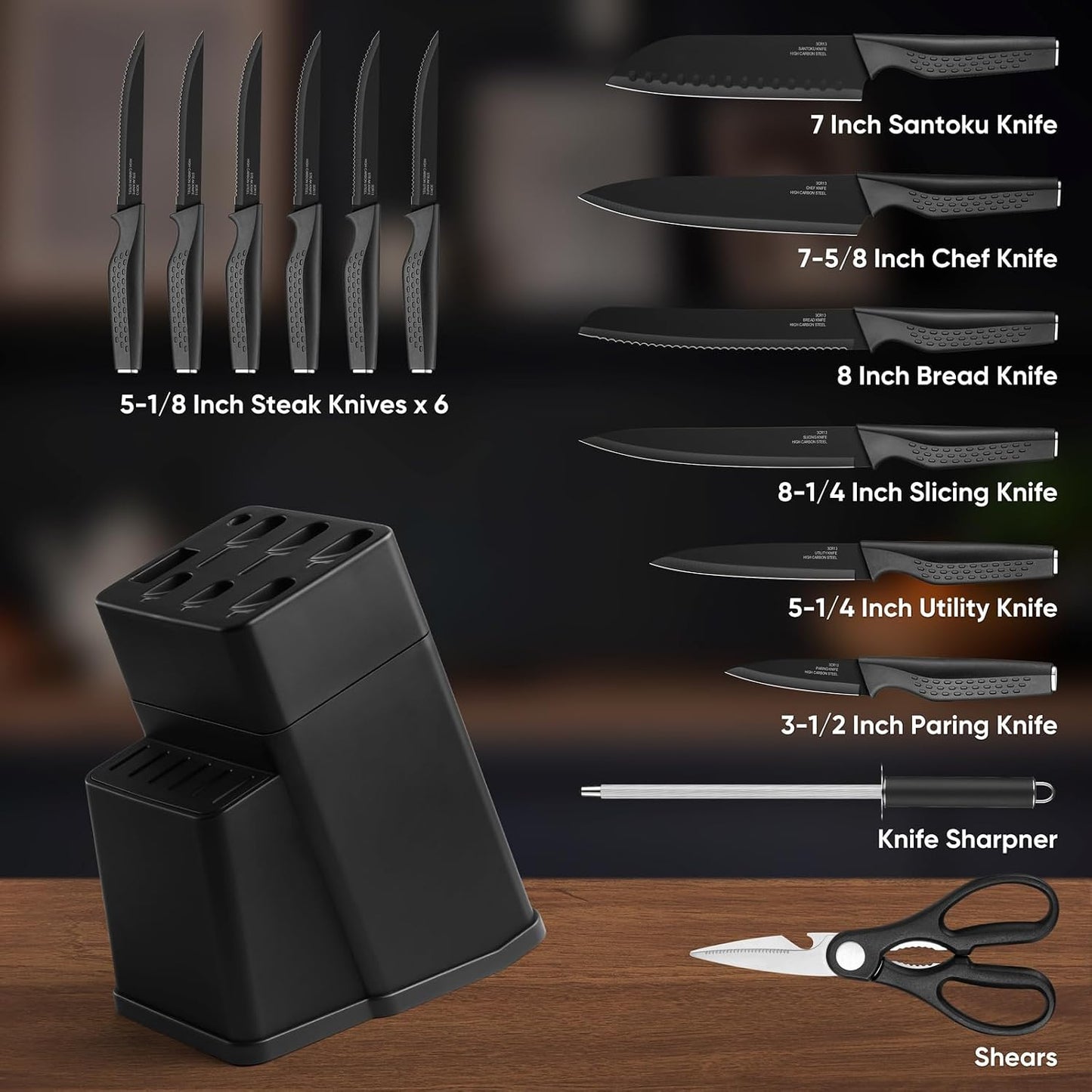 Kitchen Knife Sets with Block, 15 Pieces High Carbon Stainless Steel Knife Set with Sharpener, Sharp Knife Block Set for Kitchen, Black