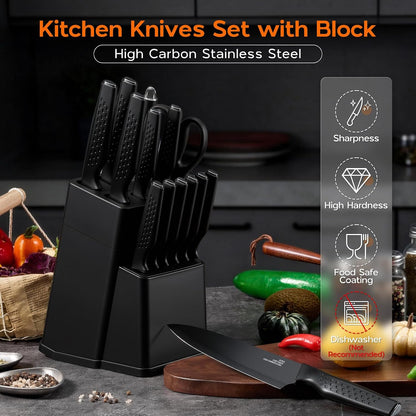 Kitchen Knife Sets with Block, 15 Pieces High Carbon Stainless Steel Knife Set with Sharpener, Sharp Knife Block Set for Kitchen, Black