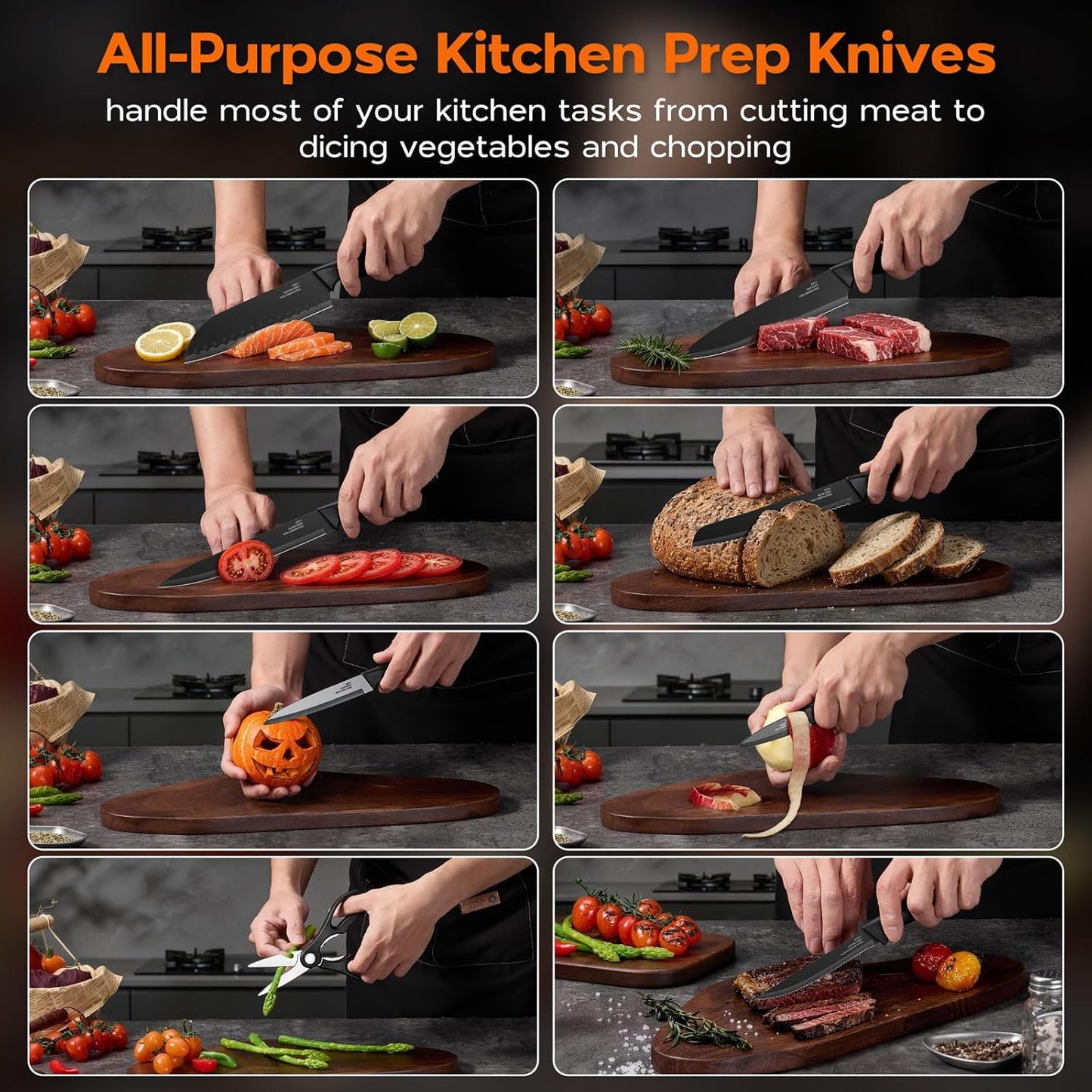 Kitchen Knife Sets with Block, 15 Pieces High Carbon Stainless Steel Knife Set with Sharpener, Sharp Knife Block Set for Kitchen, Black