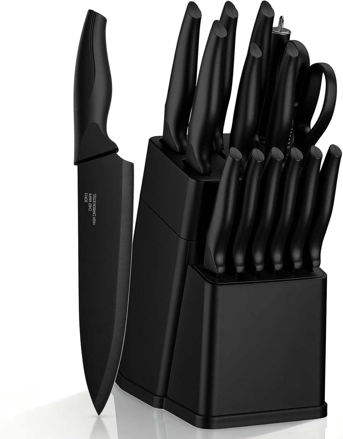 Kitchen Knife Sets with Block, 15 Pieces High Carbon Stainless Steel Knife Set with Sharpener, Sharp Knife Block Set for Kitchen, Black
