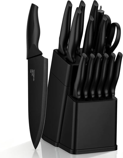 Kitchen Knife Sets with Block, 15 Pieces High Carbon Stainless Steel Knife Set with Sharpener, Sharp Knife Block Set for Kitchen, Black