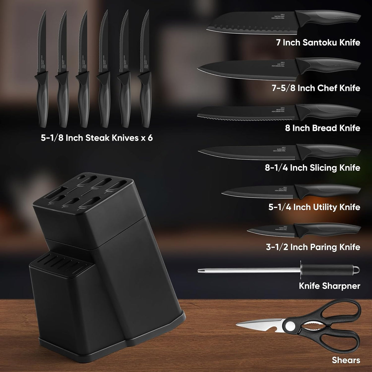 Kitchen Knife Sets with Block, 15 Pieces High Carbon Stainless Steel Knife Set with Sharpener, Sharp Knife Block Set for Kitchen, Black
