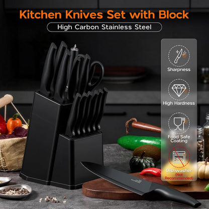 Kitchen Knife Sets with Block, 15 Pieces High Carbon Stainless Steel Knife Set with Sharpener, Sharp Knife Block Set for Kitchen, Black