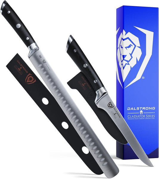 2 Piece Set - Slicing Knife 12 inch + Boning Knife 6 inch - Gladiator Series ELITE - High-Carbon German Steel - Black G10 Handle - Fillet Chef - Sheath Included
