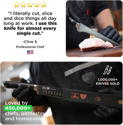 2 Piece Set - Slicing Knife 12 inch + Boning Knife 6 inch - Gladiator Series ELITE - High-Carbon German Steel - Black G10 Handle - Fillet Chef - Sheath Included