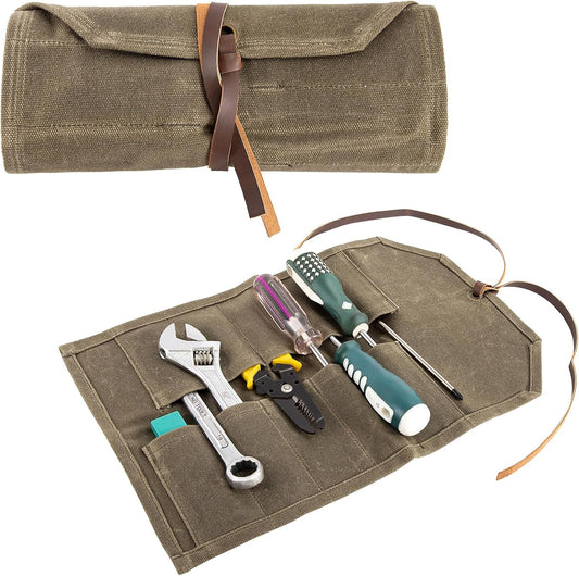 Tool Roll,10Slots Tool Roll Up Pouch,Heavy Duty Waxed Canvas Tool Roll Bag,Chisel Wrench Spanner Roll Tool Pouch with Leather Rope,Tool Roll Organizer for Mechanic Electrician Plumber Carpenter