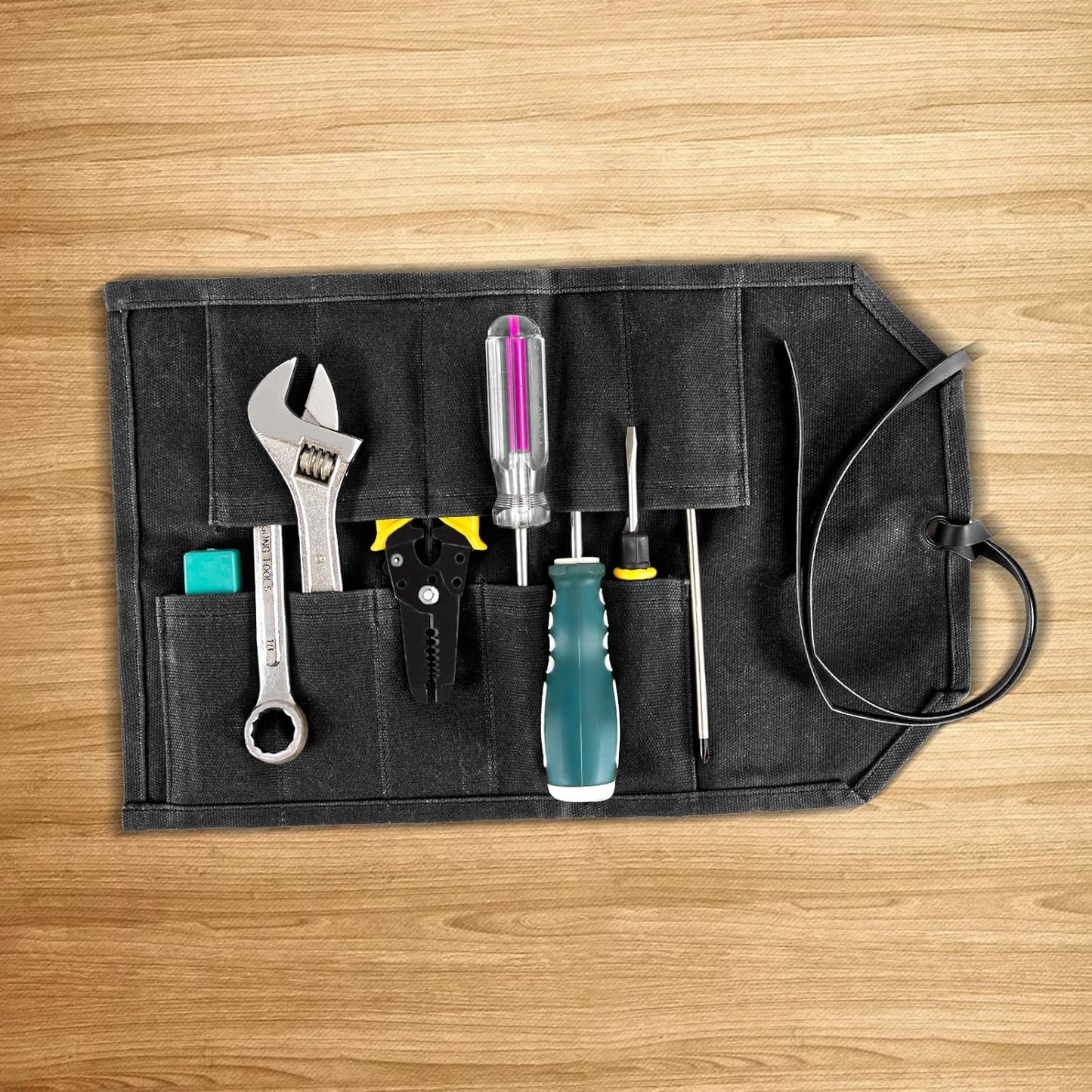 Tool Roll,10Slots Tool Roll Up Pouch,Heavy Duty Waxed Canvas Tool Roll Bag,Chisel Wrench Spanner Roll Tool Pouch with Leather Rope,Tool Roll Organizer for Mechanic Electrician Plumber Carpenter