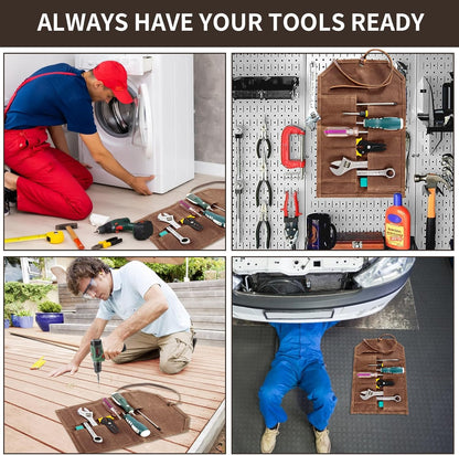 Tool Roll,10Slots Tool Roll Up Pouch,Heavy Duty Waxed Canvas Tool Roll Bag,Chisel Wrench Spanner Roll Tool Pouch with Leather Rope,Tool Roll Organizer for Mechanic Electrician Plumber Carpenter