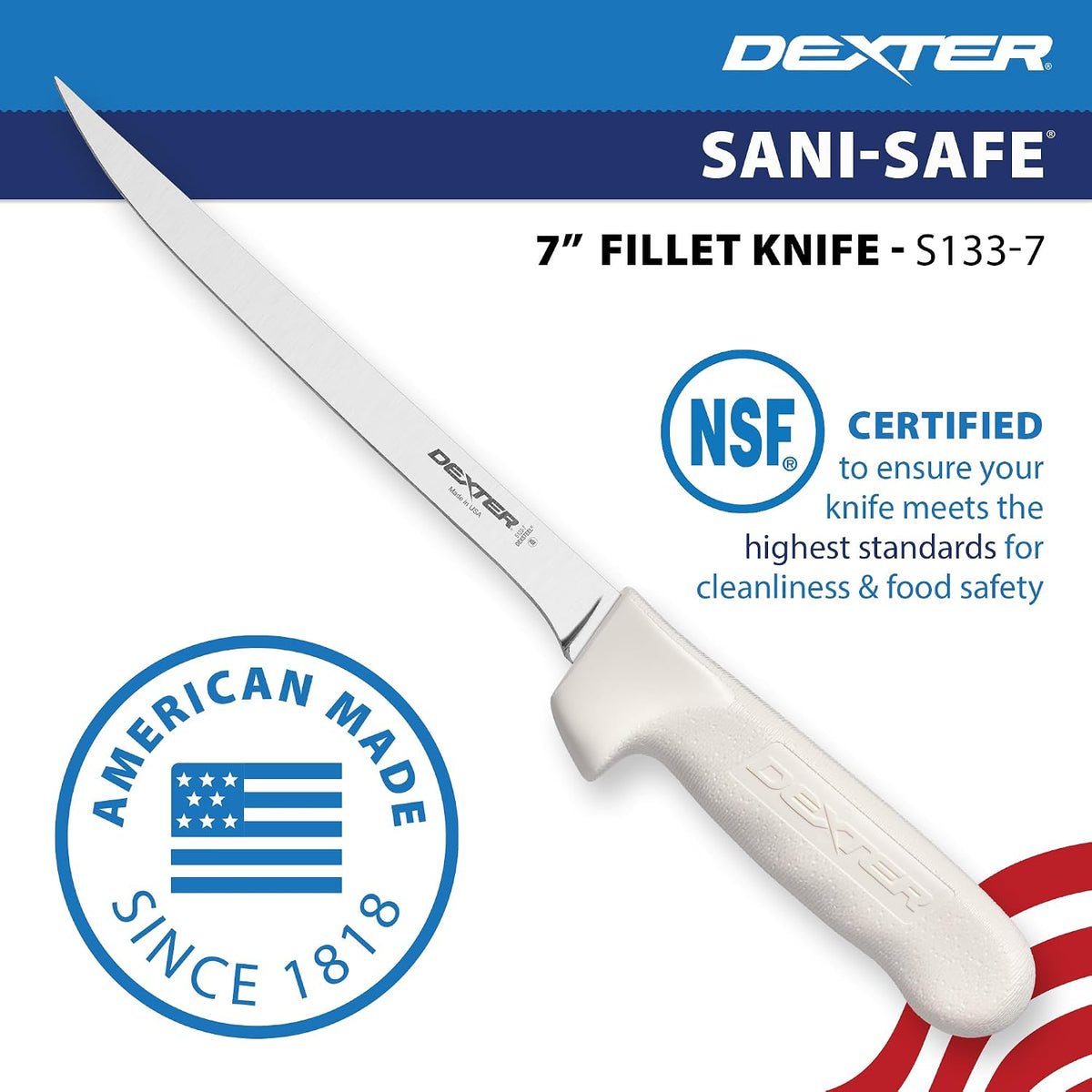 S133-9PCP Sani-Safe 9" Flexible Fillet Knife, NSF | Flexible DEXSTEEL high-carbon stainless blade with textured slip-resistant grip. NSF certified for fishing fillet work.