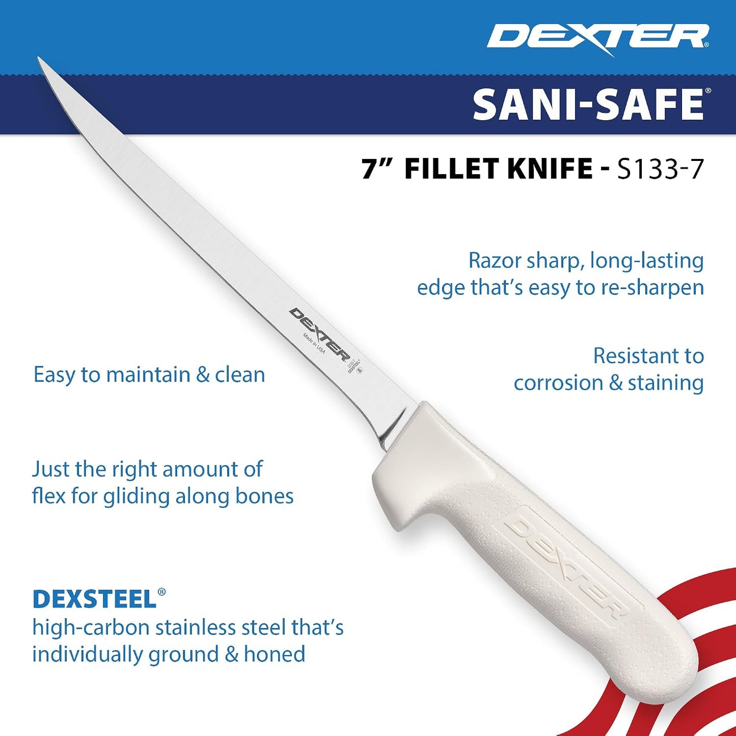 S133-9PCP Sani-Safe 9" Flexible Fillet Knife, NSF | Flexible DEXSTEEL high-carbon stainless blade with textured slip-resistant grip. NSF certified for fishing fillet work.