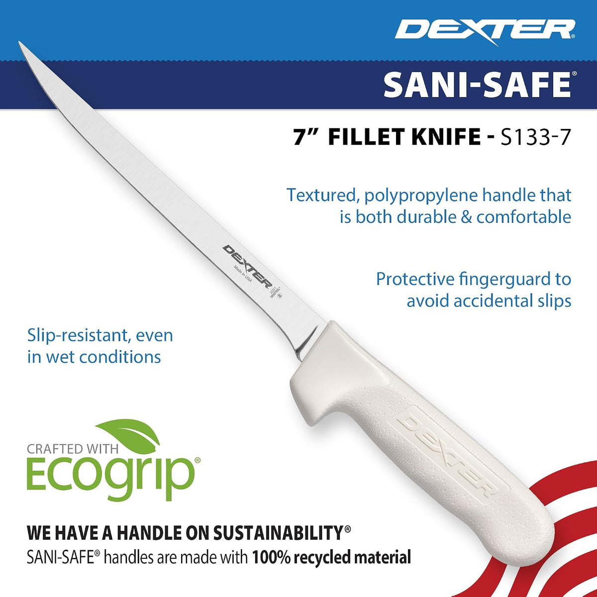 S133-9PCP Sani-Safe 9" Flexible Fillet Knife, NSF | Flexible DEXSTEEL high-carbon stainless blade with textured slip-resistant grip. NSF certified for fishing fillet work.