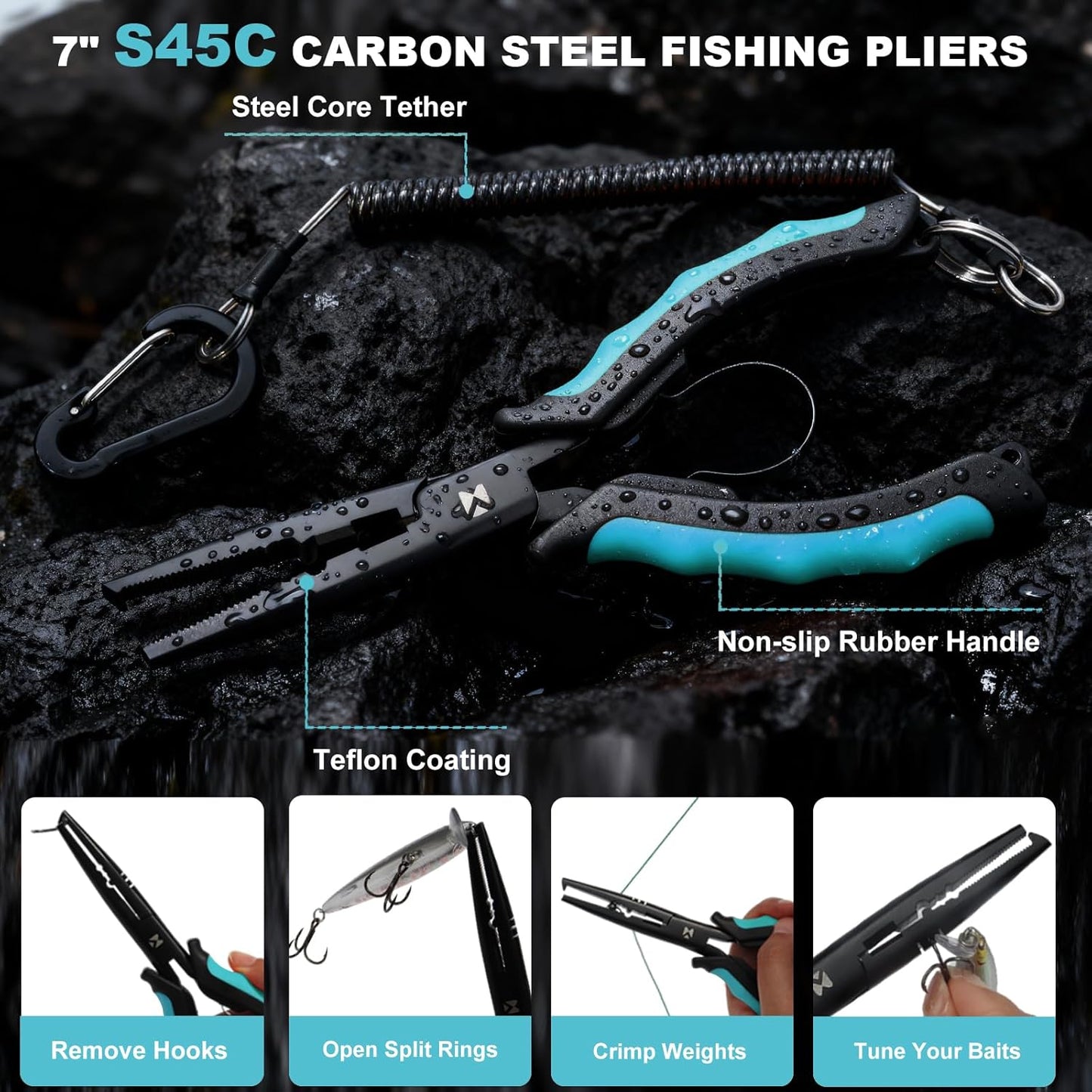 BasicGear Fishing Tool Set – 7” Pliers, 9.5” Fish Lip Gripper, 4.5” Scissors, 7” Fillet Knife, Retractable Clip & Steel-Core Tether, Rust-Resistant Multi-Tool Kit for Anglers