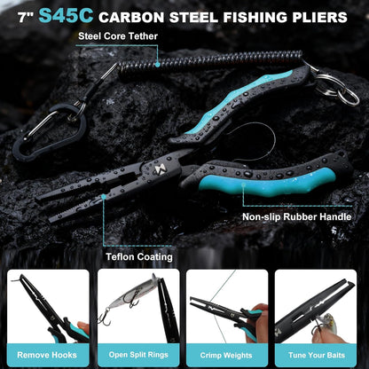 BasicGear Fishing Tool Set – 7” Pliers, 9.5” Fish Lip Gripper, 4.5” Scissors, 7” Fillet Knife, Retractable Clip & Steel-Core Tether, Rust-Resistant Multi-Tool Kit for Anglers