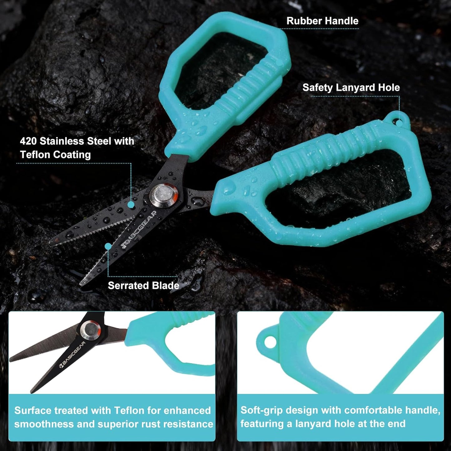 BasicGear Fishing Tool Set – 7” Pliers, 9.5” Fish Lip Gripper, 4.5” Scissors, 7” Fillet Knife, Retractable Clip & Steel-Core Tether, Rust-Resistant Multi-Tool Kit for Anglers
