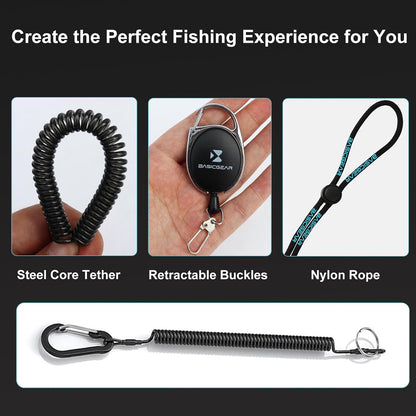 BasicGear Fishing Tool Set – 7” Pliers, 9.5” Fish Lip Gripper, 4.5” Scissors, 7” Fillet Knife, Retractable Clip & Steel-Core Tether, Rust-Resistant Multi-Tool Kit for Anglers