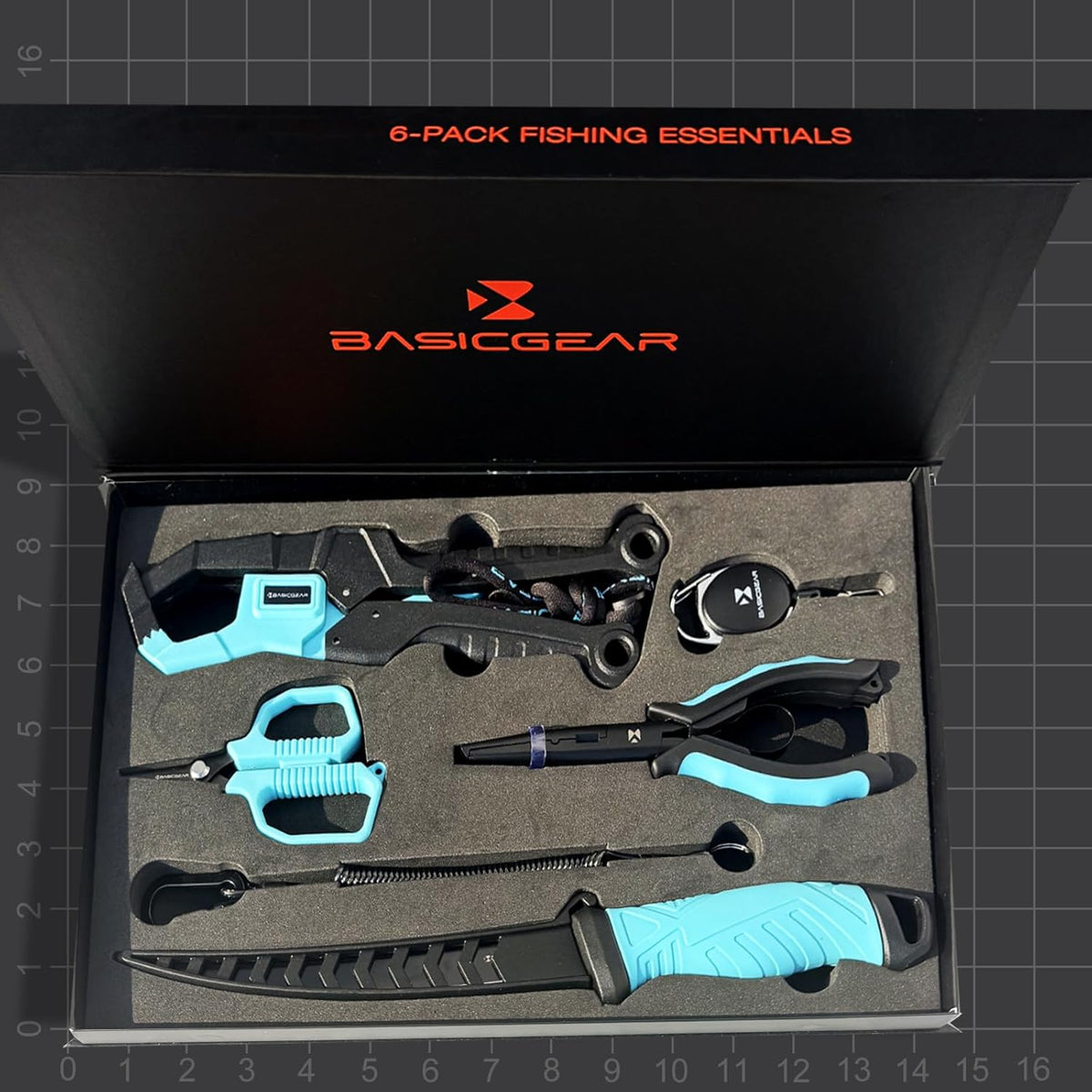 BasicGear Fishing Tool Set – 7” Pliers, 9.5” Fish Lip Gripper, 4.5” Scissors, 7” Fillet Knife, Retractable Clip & Steel-Core Tether, Rust-Resistant Multi-Tool Kit for Anglers