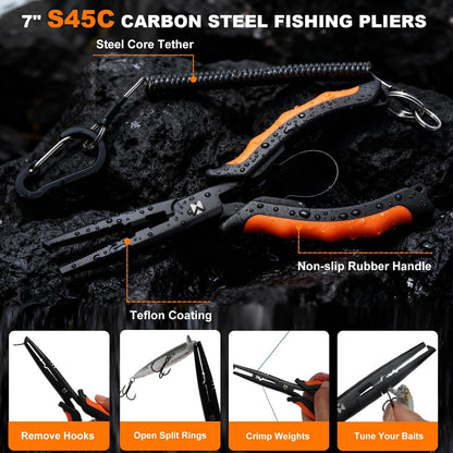 BasicGear Fishing Tool Set – 7” Pliers, 9.5” Fish Lip Gripper, 4.5” Scissors, 7” Fillet Knife, Retractable Clip & Steel-Core Tether, Rust-Resistant Multi-Tool Kit for Anglers