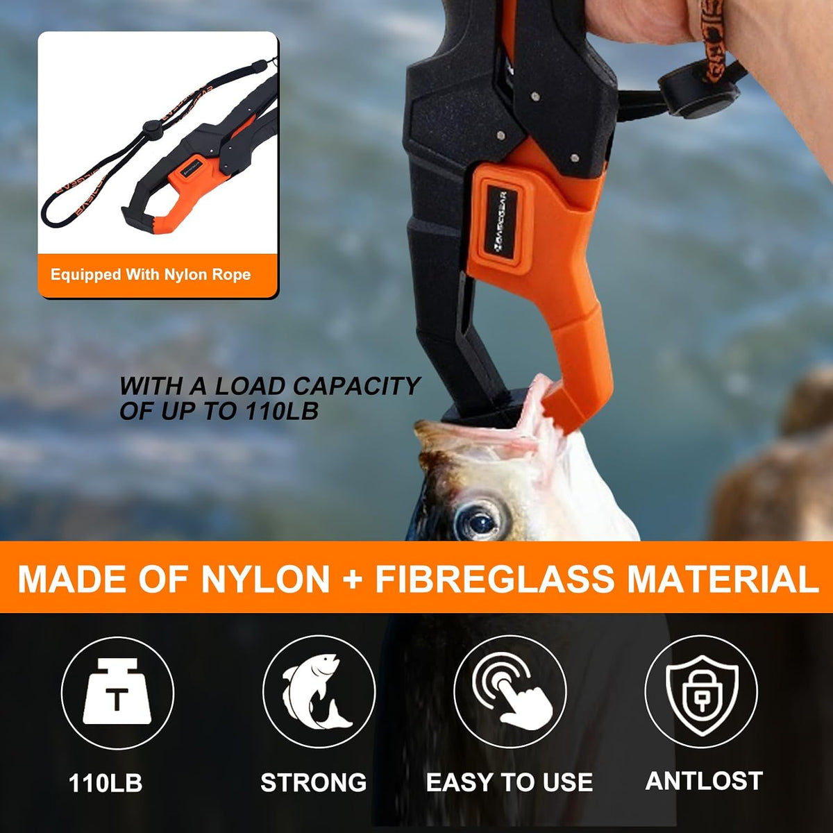 BasicGear Fishing Tool Set – 7” Pliers, 9.5” Fish Lip Gripper, 4.5” Scissors, 7” Fillet Knife, Retractable Clip & Steel-Core Tether, Rust-Resistant Multi-Tool Kit for Anglers