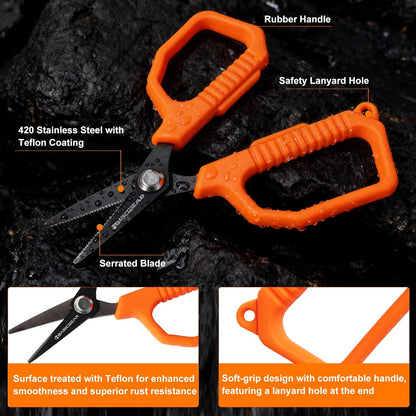 BasicGear Fishing Tool Set – 7” Pliers, 9.5” Fish Lip Gripper, 4.5” Scissors, 7” Fillet Knife, Retractable Clip & Steel-Core Tether, Rust-Resistant Multi-Tool Kit for Anglers