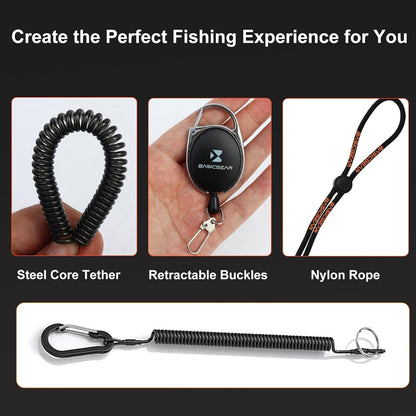 BasicGear Fishing Tool Set – 7” Pliers, 9.5” Fish Lip Gripper, 4.5” Scissors, 7” Fillet Knife, Retractable Clip & Steel-Core Tether, Rust-Resistant Multi-Tool Kit for Anglers