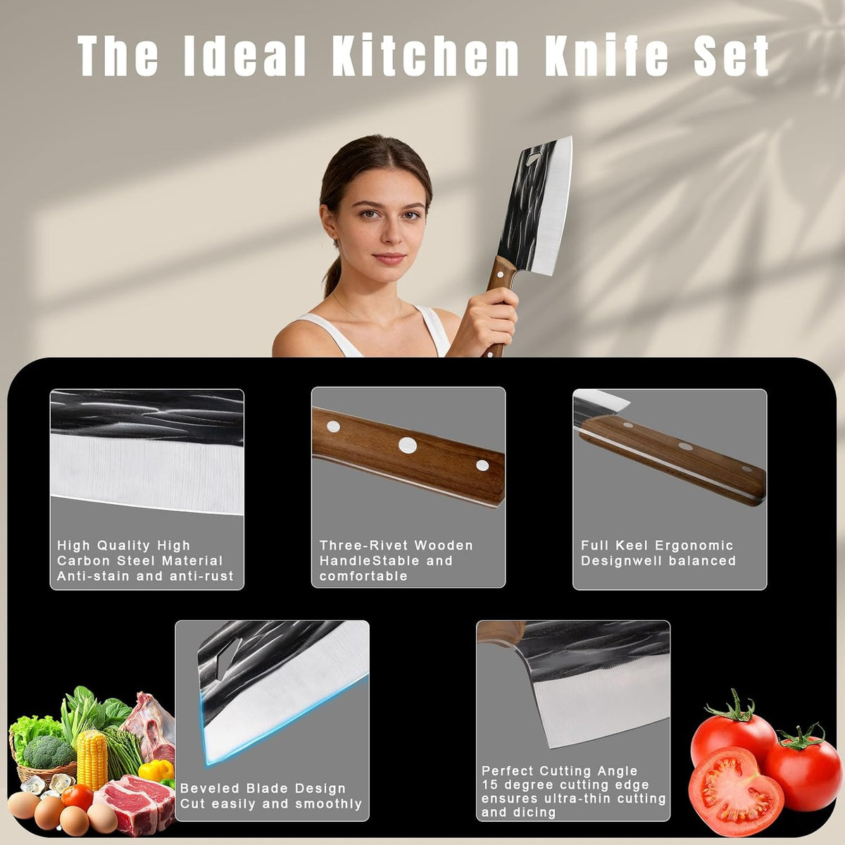 Kitchen Knife Set, Solid Wooden 2PCS Hand Forged Meat Cleaver Knife