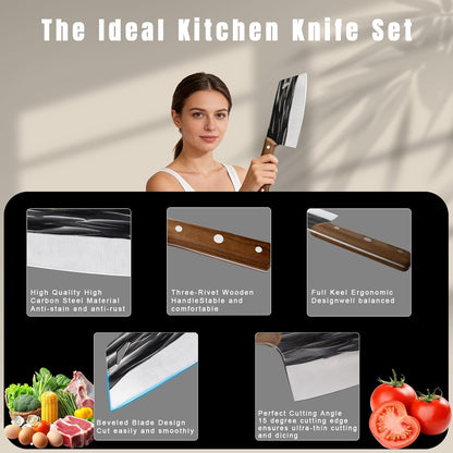 Kitchen Knife Set, Solid Wooden 2PCS Hand Forged Meat Cleaver Knife