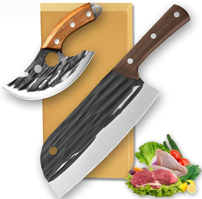 Kitchen Knife Set, Solid Wooden 2PCS Hand Forged Meat Cleaver Knife