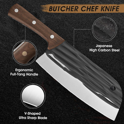 Kitchen Knife Set, Solid Wooden 2PCS Hand Forged Meat Cleaver Knife