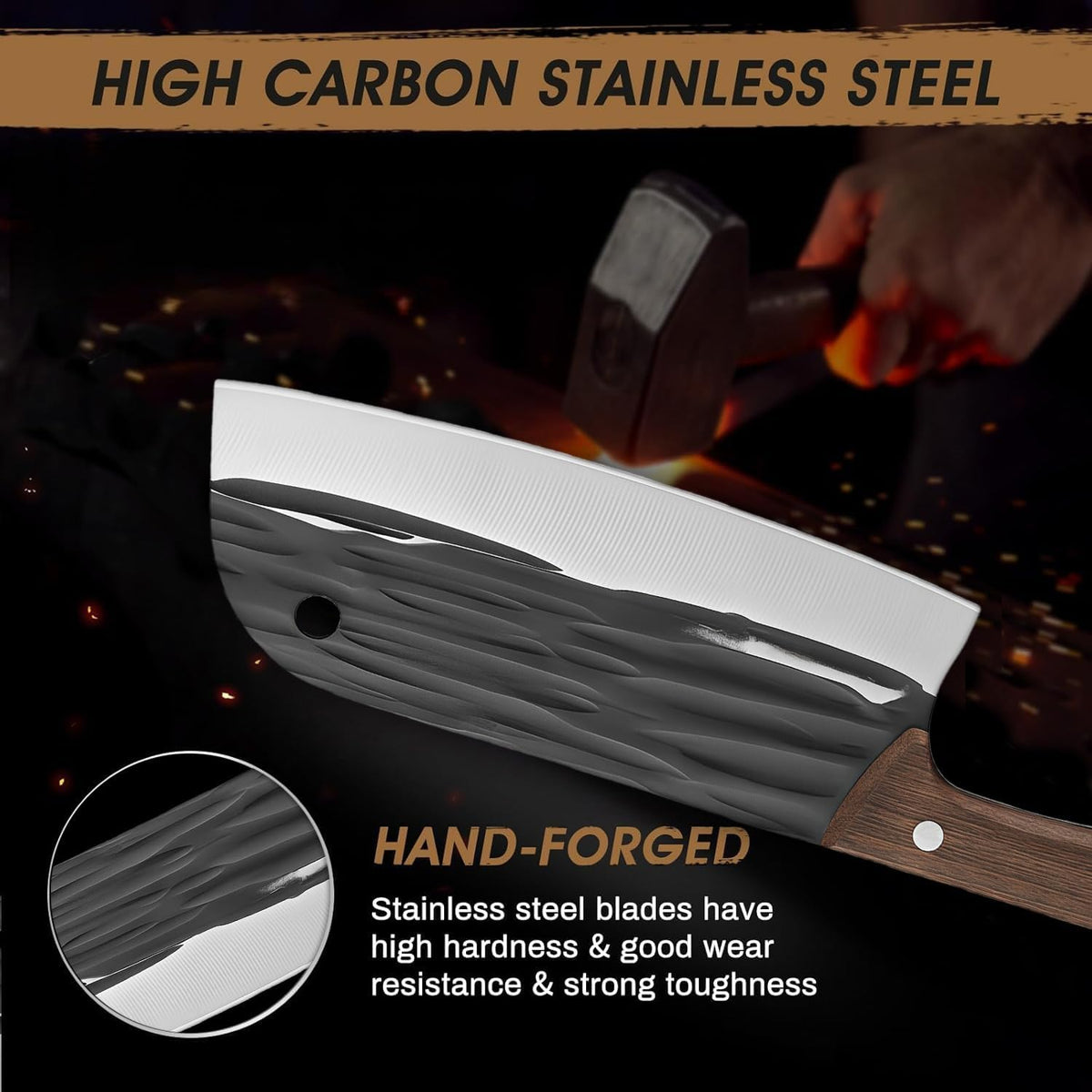 Kitchen Knife Set, Solid Wooden 2PCS Hand Forged Meat Cleaver Knife