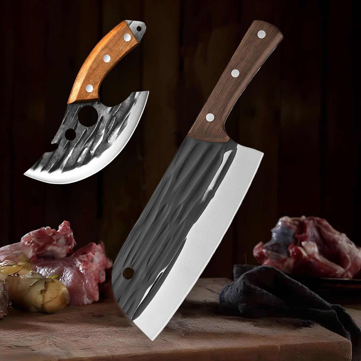 Kitchen Knife Set, Solid Wooden 2PCS Hand Forged Meat Cleaver Knife