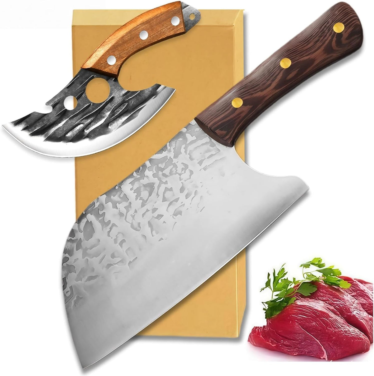 Kitchen Knife Set, Solid Wooden 2PCS Hand Forged Meat Cleaver Knife