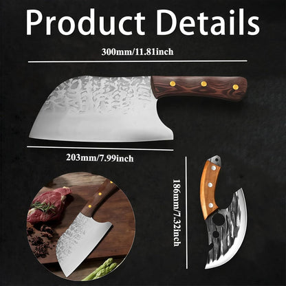 Kitchen Knife Set, Solid Wooden 2PCS Hand Forged Meat Cleaver Knife