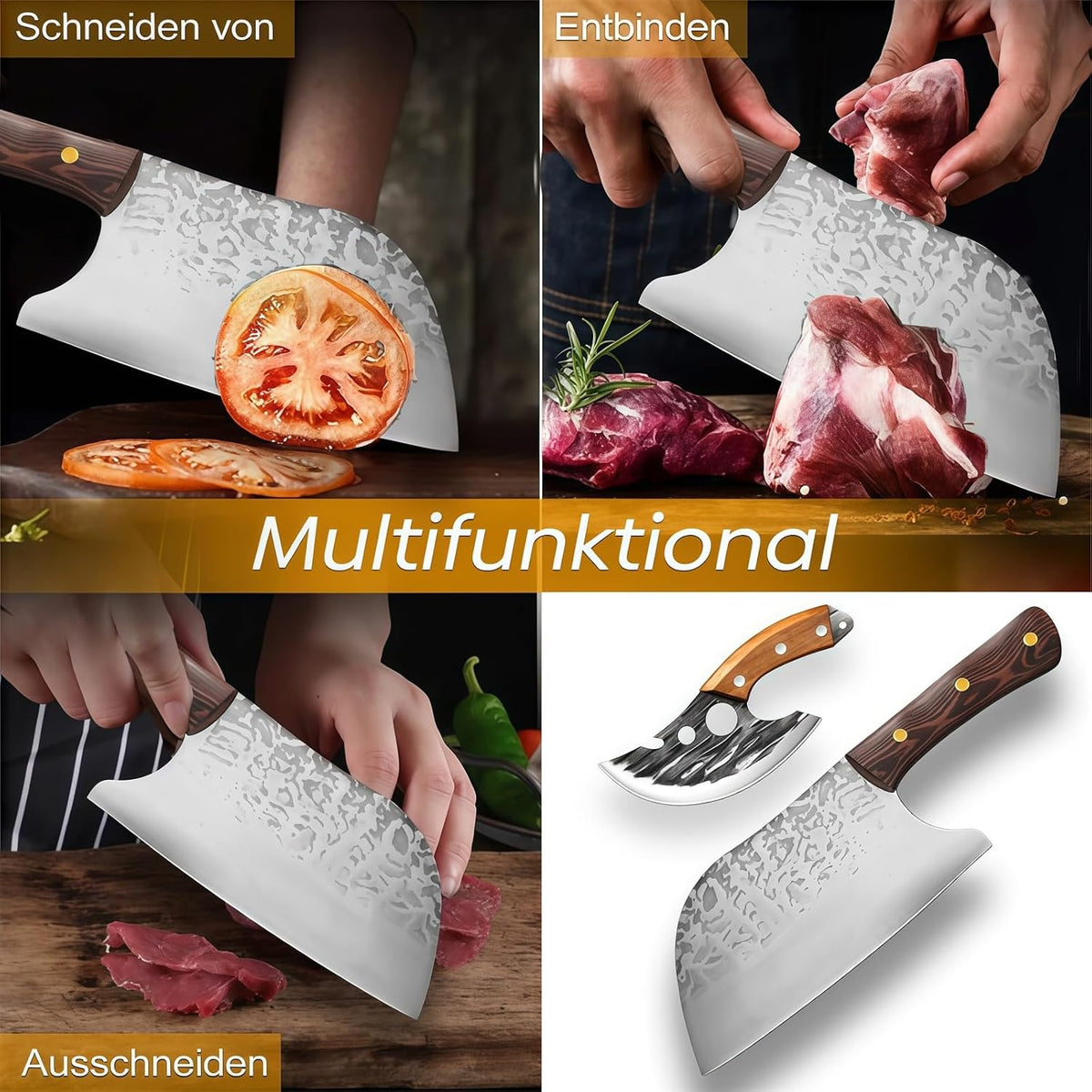 Kitchen Knife Set, Solid Wooden 2PCS Hand Forged Meat Cleaver Knife