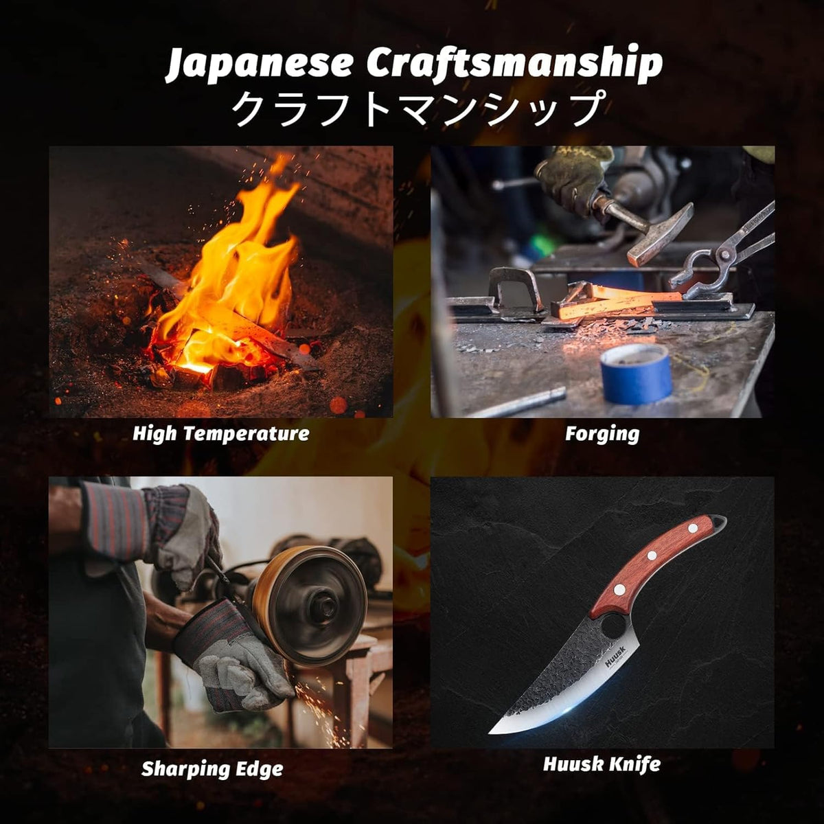 Huusk Hand Forged Viking Knife with Sheath for Kitchen Camping BBQ | Japanese Butcher Knife for Meat Cutting, High Carbon Steel Chef Knives with Ergonomic Wood Handle, Gifts for Men