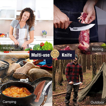 Huusk Hand Forged Viking Knife with Sheath for Kitchen Camping BBQ | Japanese Butcher Knife for Meat Cutting, High Carbon Steel Chef Knives with Ergonomic Wood Handle, Gifts for Men