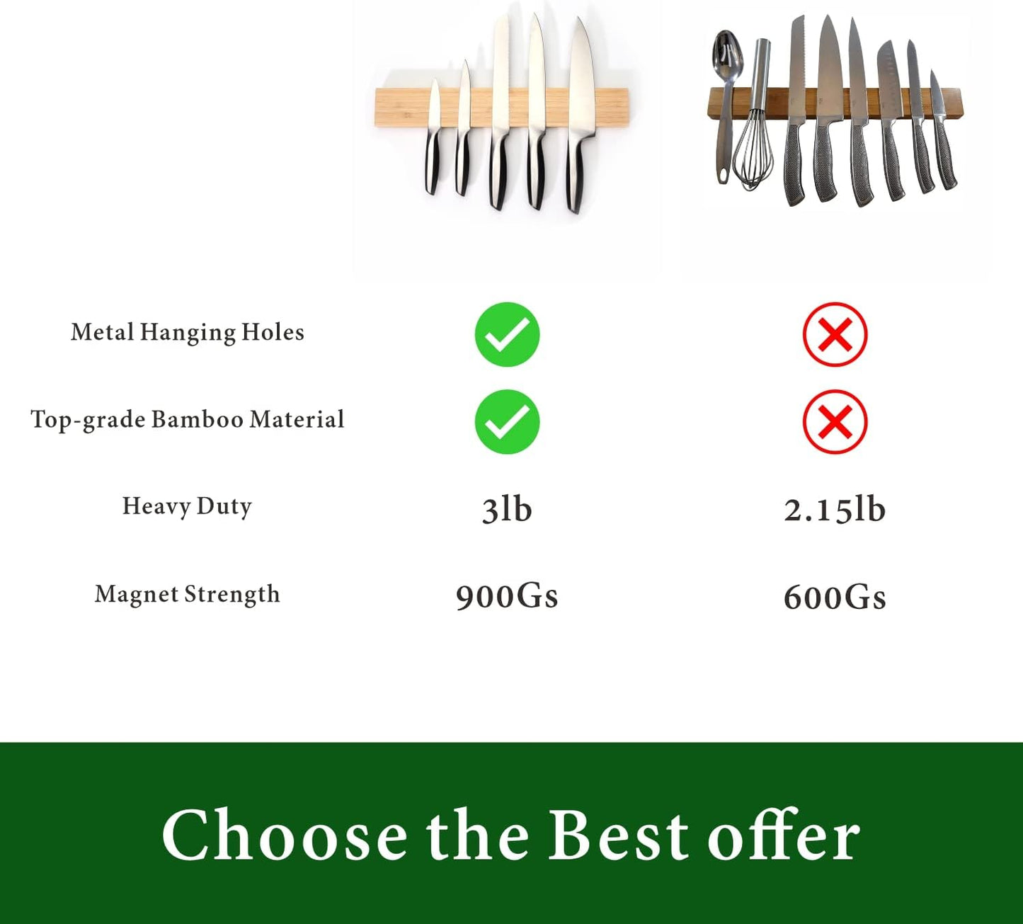 Bamboo Magnetic Knife Holder for Wall 17 inch Knife Magnetic Strip Bar Rack- 50% Stronger Magnet - Safe, Secure & Easy Storage Solution for Kitchen Knives, Metal Utensils & More