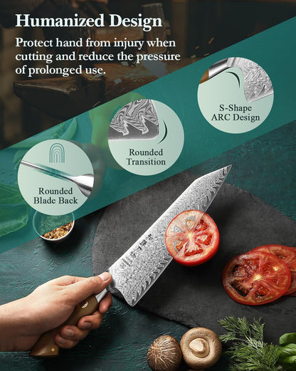 Damascus Chef Knife, 8.5 Inches, 67 Layers Damascus Steel, Professional Japanese Kitchen Knife for Chefs and Home Cooking, Ultra-sharp Blade with Linen Micarta Handle, Gift Packing
