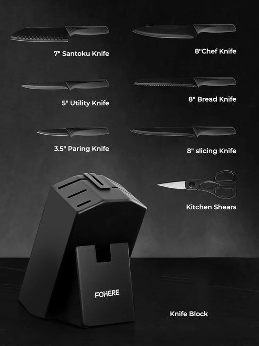 Knife Set FOHERE 8 Pieces Kitchen Knives Set with Block High Carbon Stainless Steel Self-Sharpening Knife Block Set with Built-in Sharpener, Black