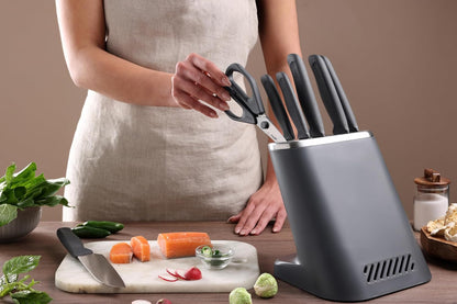 6 Piece Knife Set with Block, 6 Piece Set, 5 Kitchen Knives, 1 Block, Sharp Japanese Stainless Steel, Non Slip Base, Includes Paring, Serrated Paring,Chef Carving and Bread Knife