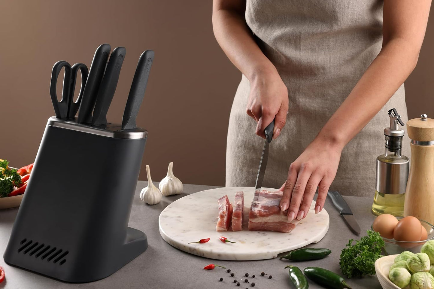 6 Piece Knife Set with Block, 6 Piece Set, 5 Kitchen Knives, 1 Block, Sharp Japanese Stainless Steel, Non Slip Base, Includes Paring, Serrated Paring,Chef Carving and Bread Knife