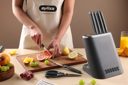 6 Piece Knife Set with Block, 6 Piece Set, 5 Kitchen Knives, 1 Block, Sharp Japanese Stainless Steel, Non Slip Base, Includes Paring, Serrated Paring,Chef Carving and Bread Knife