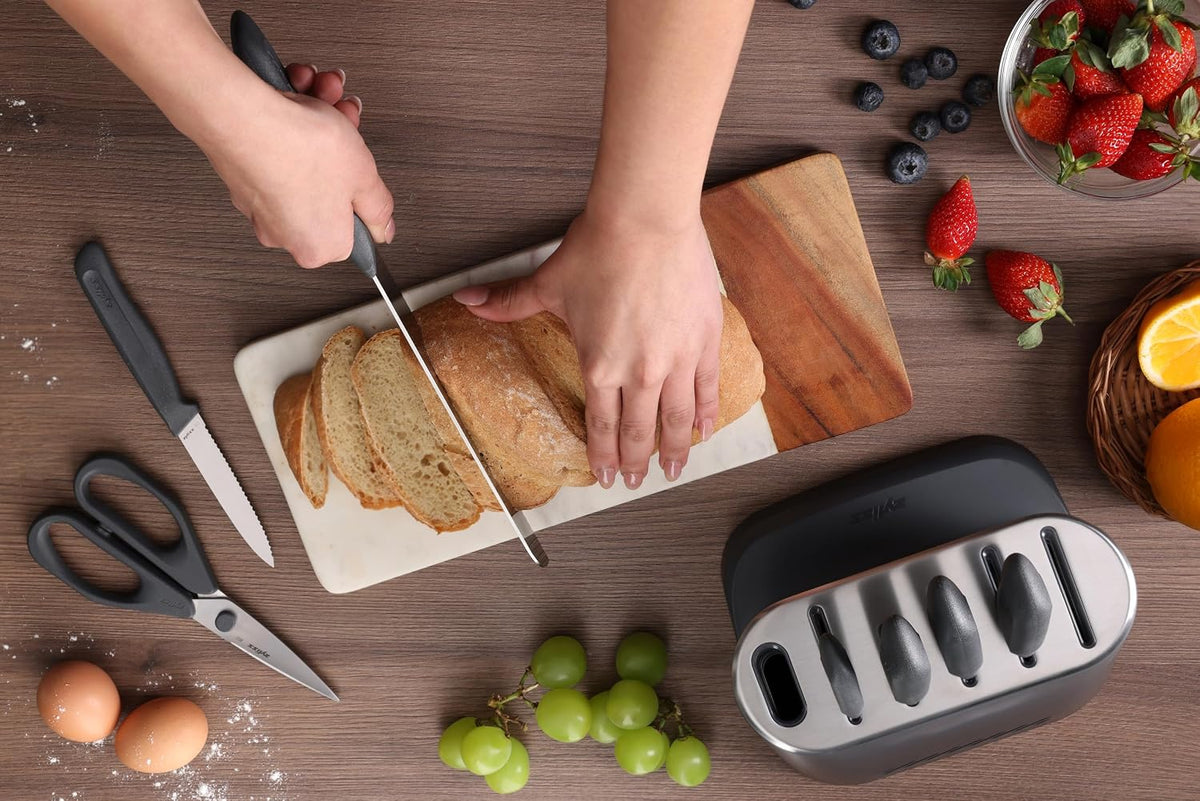 6 Piece Knife Set with Block, 6 Piece Set, 5 Kitchen Knives, 1 Block, Sharp Japanese Stainless Steel, Non Slip Base, Includes Paring, Serrated Paring,Chef Carving and Bread Knife