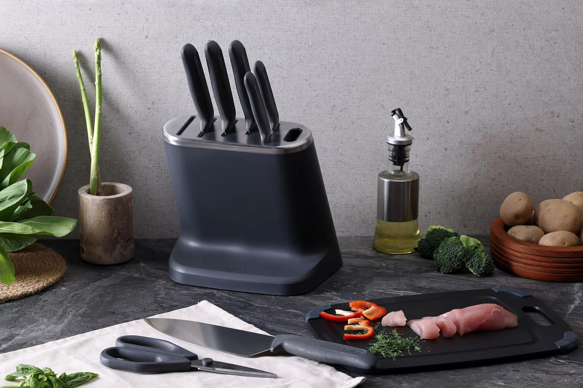 6 Piece Knife Set with Block, 6 Piece Set, 5 Kitchen Knives, 1 Block, Sharp Japanese Stainless Steel, Non Slip Base, Includes Paring, Serrated Paring,Chef Carving and Bread Knife
